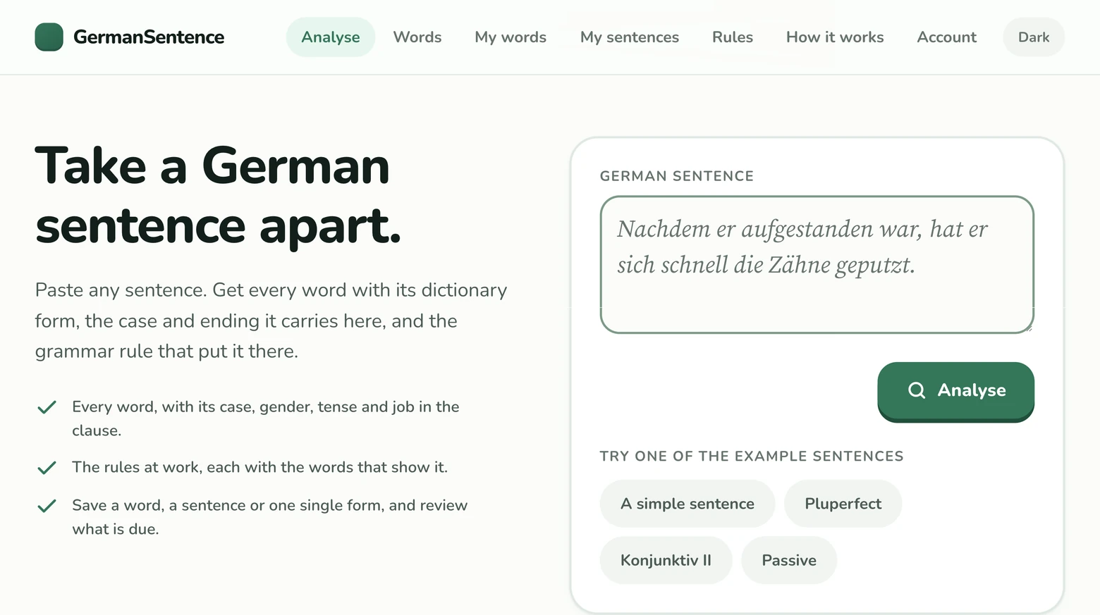 The German Sentence home page: take a German sentence apart, with a box to paste one into.